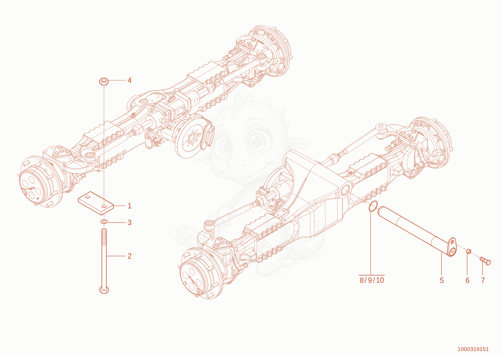 Exploded parts diagram of the Axle attachment of a Wacker Neuson TH735(415-16), with numbered balloons