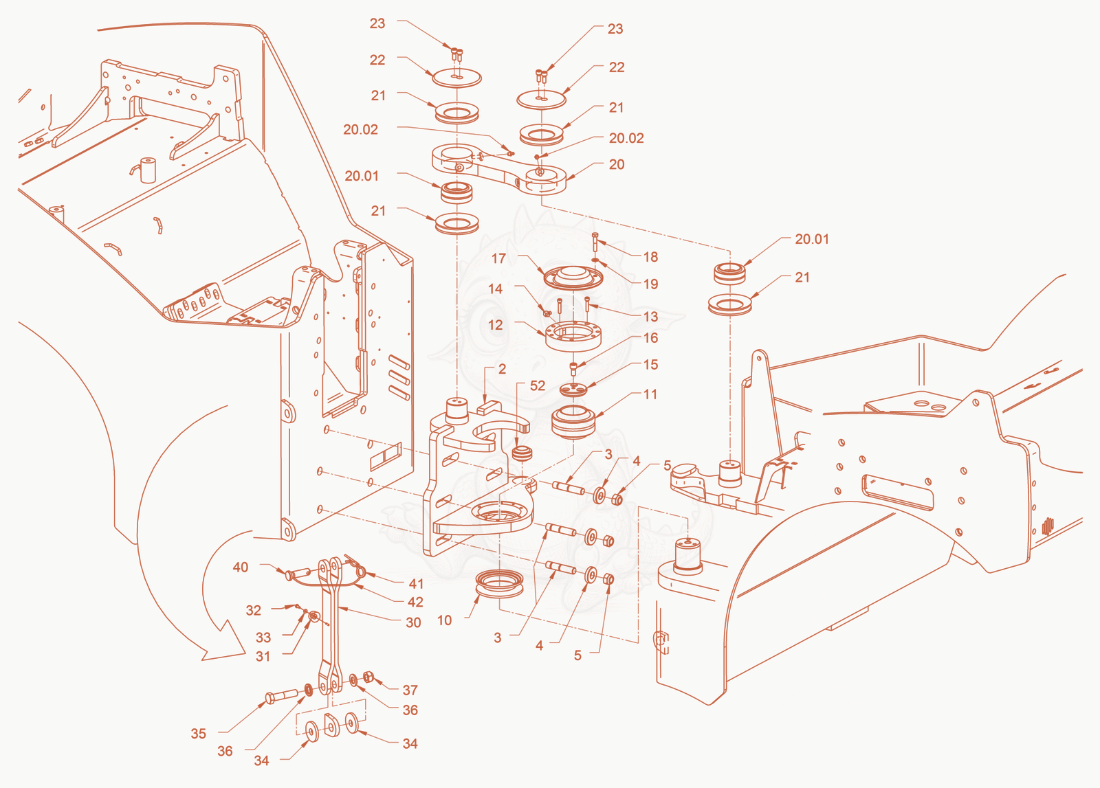 Exploded parts diagram of the centre pivot assembly of a Wacker Neuson RD45-140, with numbered balloons