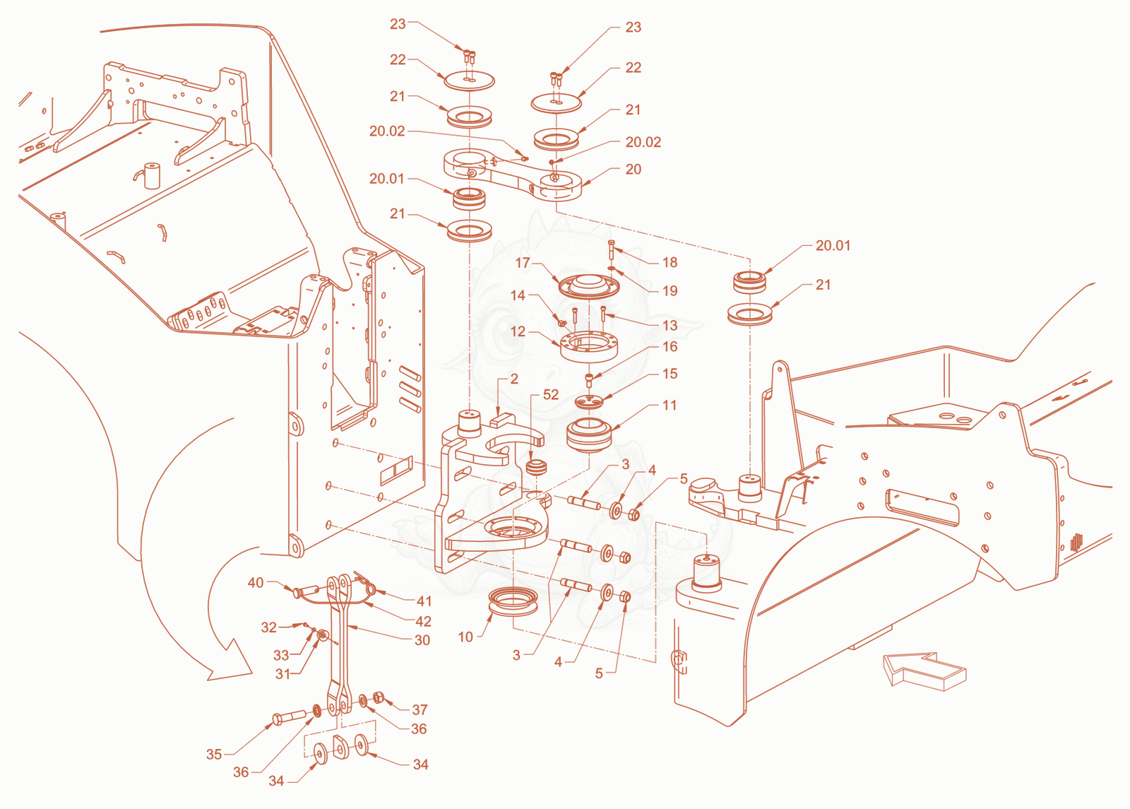 Exploded parts diagram of the centre pivot assembly of a Wacker Neuson RD45-140.3, with numbered balloons