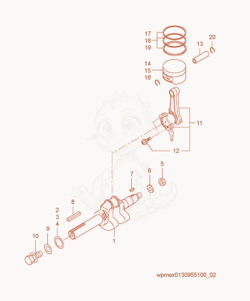 Despiece del Crankshaft/Piston de una máquina Wacker Neuson VP1030R, con globos numerados