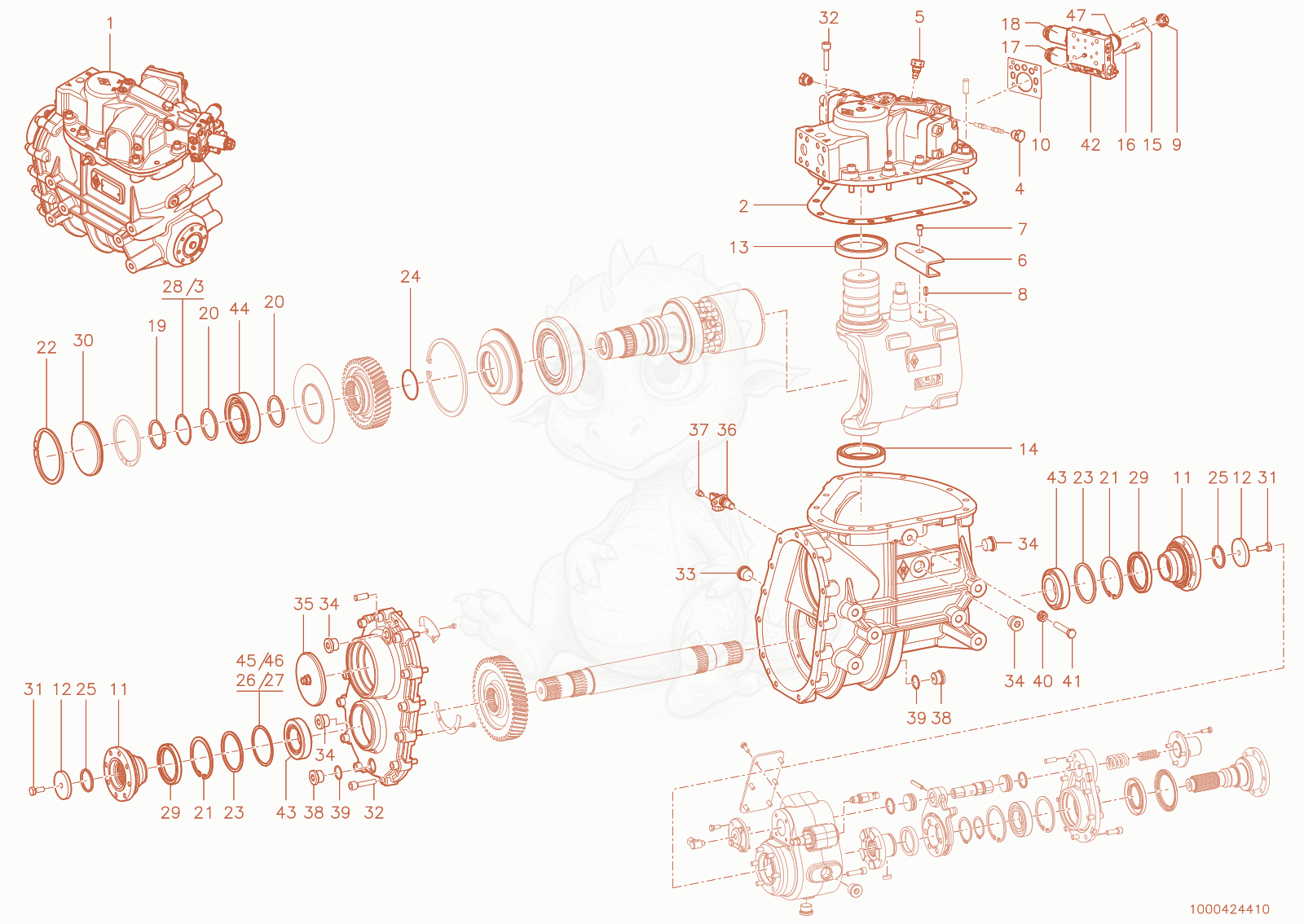 Exploded parts diagram of the Gearbox P370 i 0,956 of a Wacker Neuson TH942(416-29), with numbered balloons