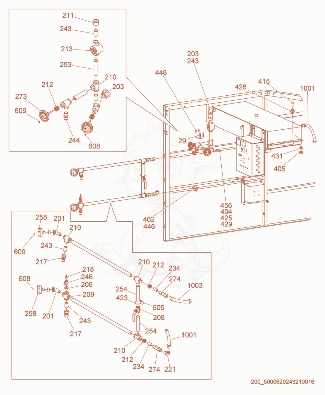 Exploded parts diagram of the Reservoir/Piping of a Wacker Neuson HSH700G, with numbered balloons
