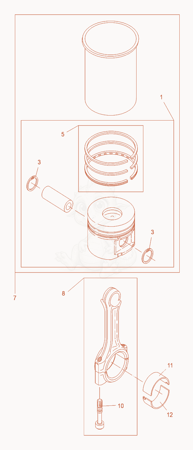Despiece del Piston-Connecting Rod-Cylinder de una máquina Wacker Neuson DPU2560H, con globos numerados