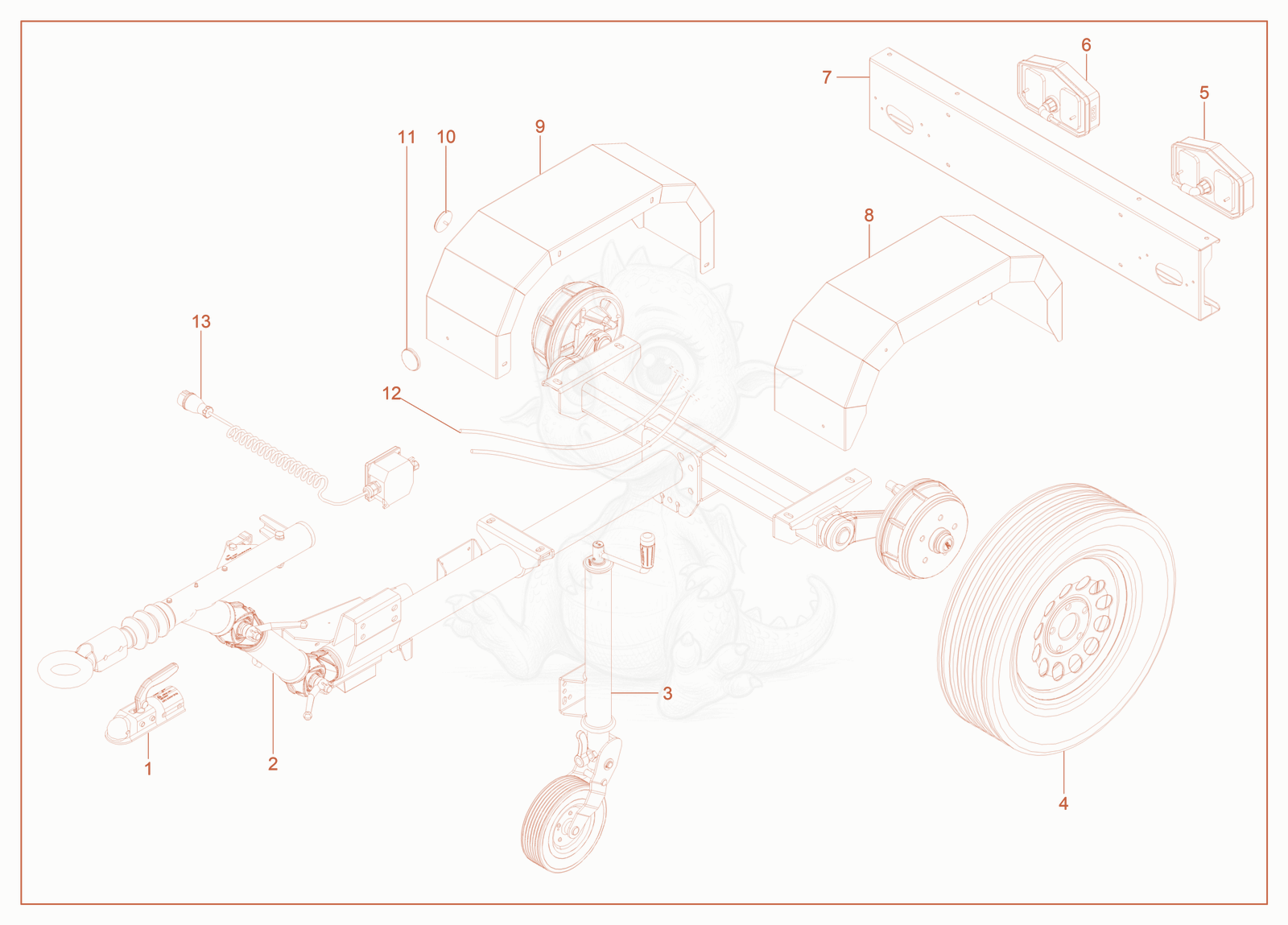 Exploded parts diagram of the Trailer Adjustable Tow Bar of a Wacker Neuson LTE4K, with numbered balloons