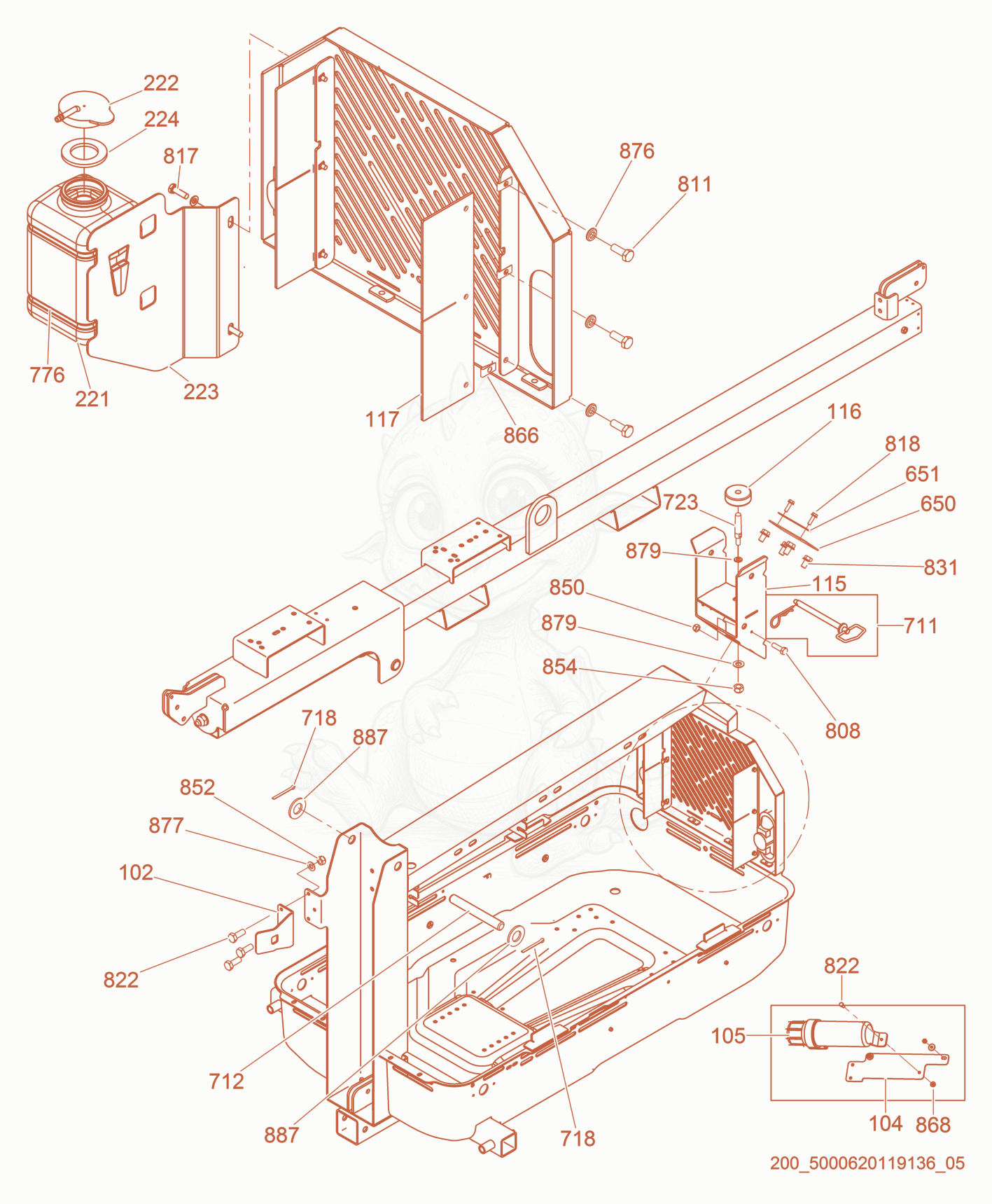 Exploded parts diagram of the Tower Cradle Brackets of a Wacker Neuson LTN6LE, with numbered balloons