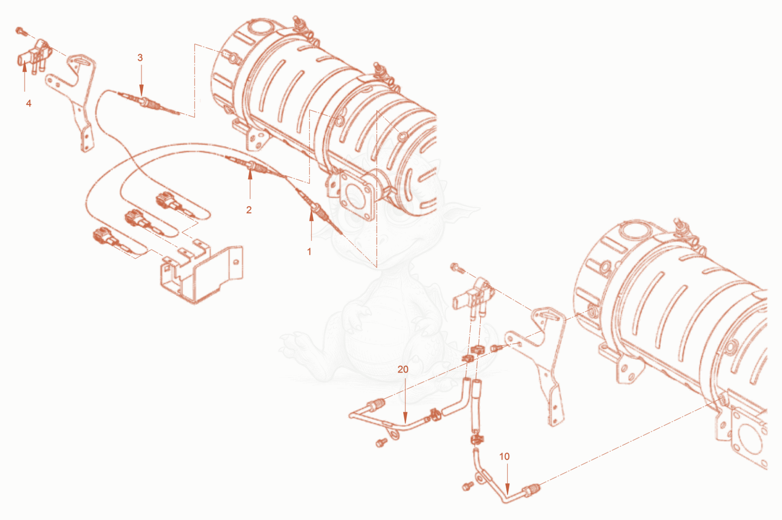 Exploded parts diagram of the after treatment of exhaust gases of a Wacker Neuson RD45-140OUS, with numbered balloons