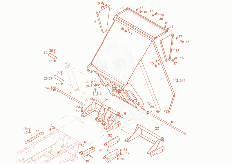 Exploded parts diagram of the BUCKET 1 of a Wacker Neuson DT10E, with numbered balloons