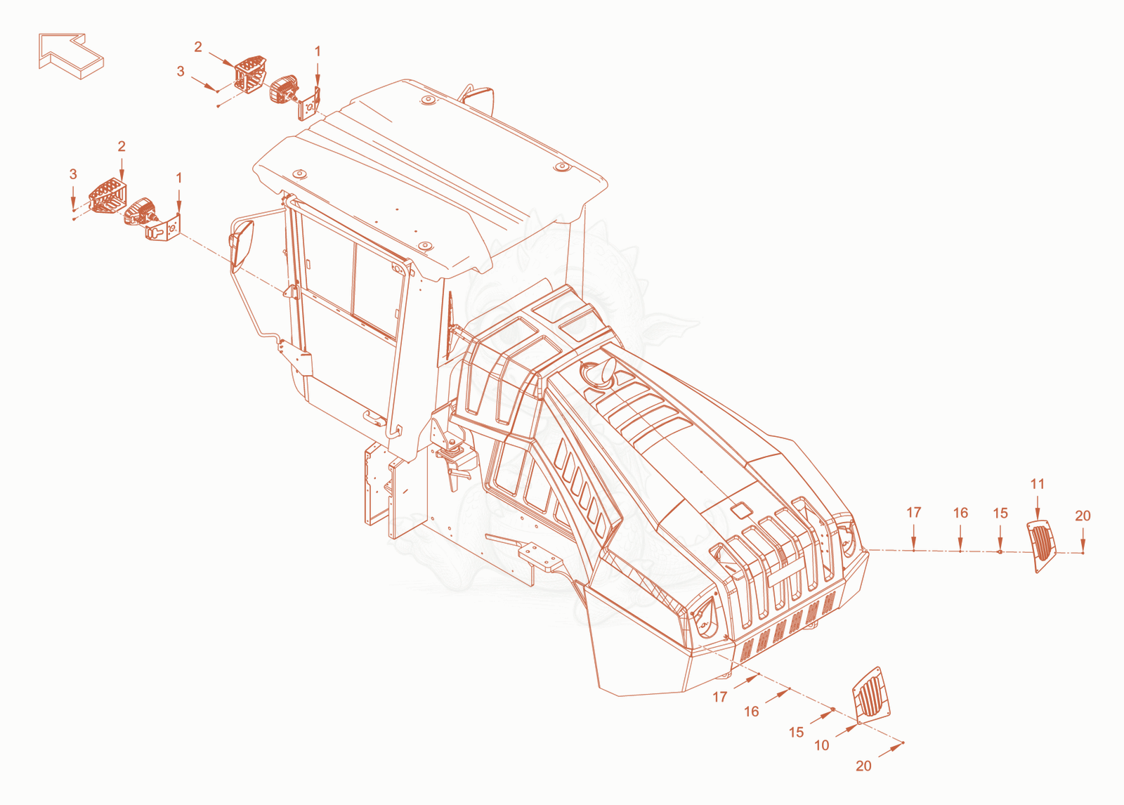 Exploded parts diagram of the lamp protection of a Wacker Neuson RC110CAB, with numbered balloons