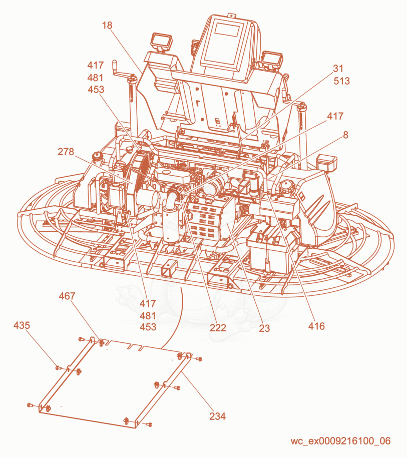 Exploded parts diagram of the Machine cpl./Back View/Beltguard of a Wacker Neuson CRT48-31V-ES-E, with numbered balloons