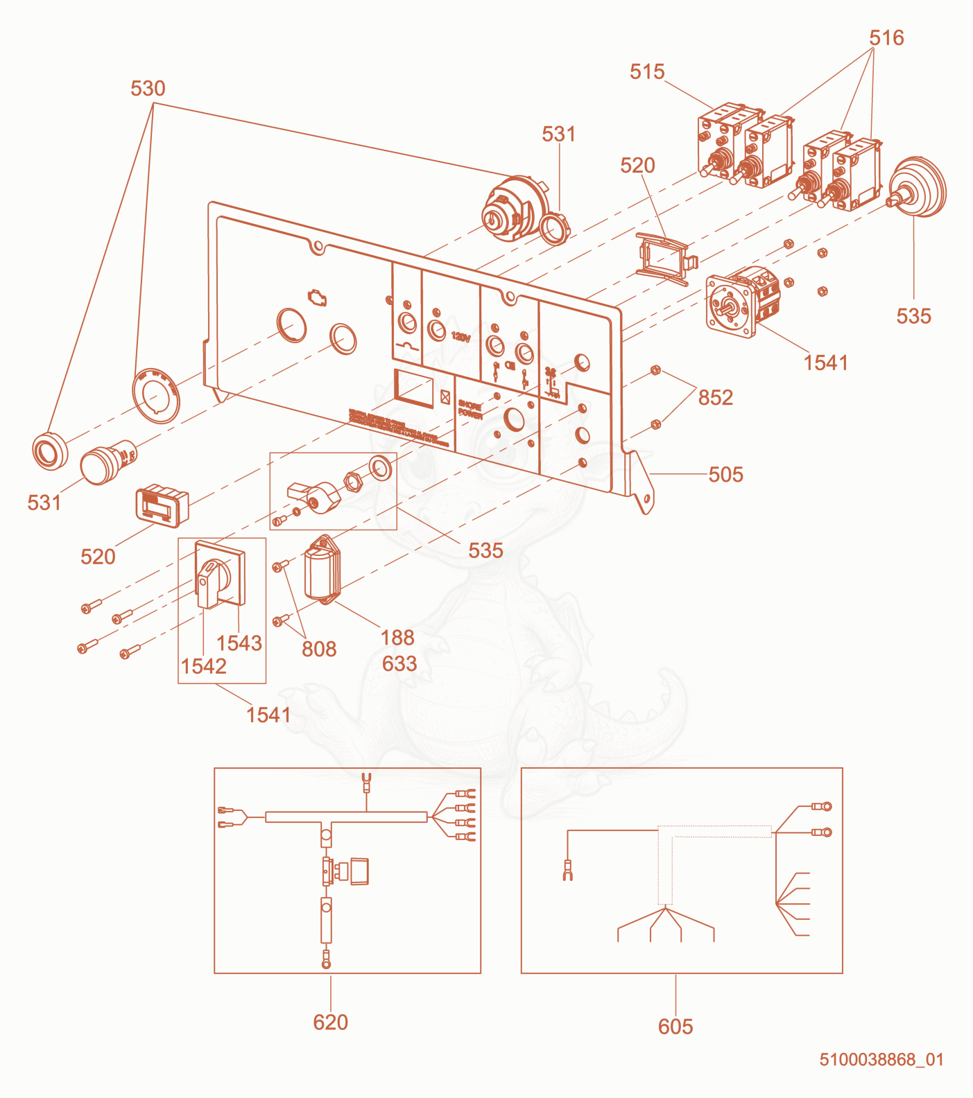 Exploded parts diagram of the Option-Control Panel, Power Winch/Shore Power (LED) of a Wacker Neuson LTV6K, with numbered balloons