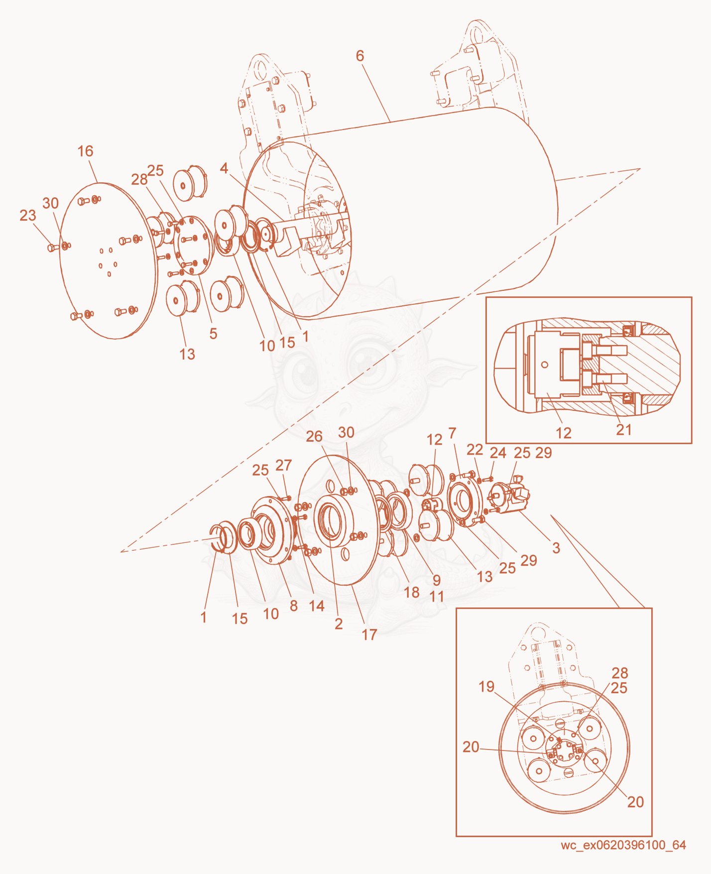 Exploded parts diagram of the Drum cpl. of a Wacker Neuson RD27-120, with numbered balloons
