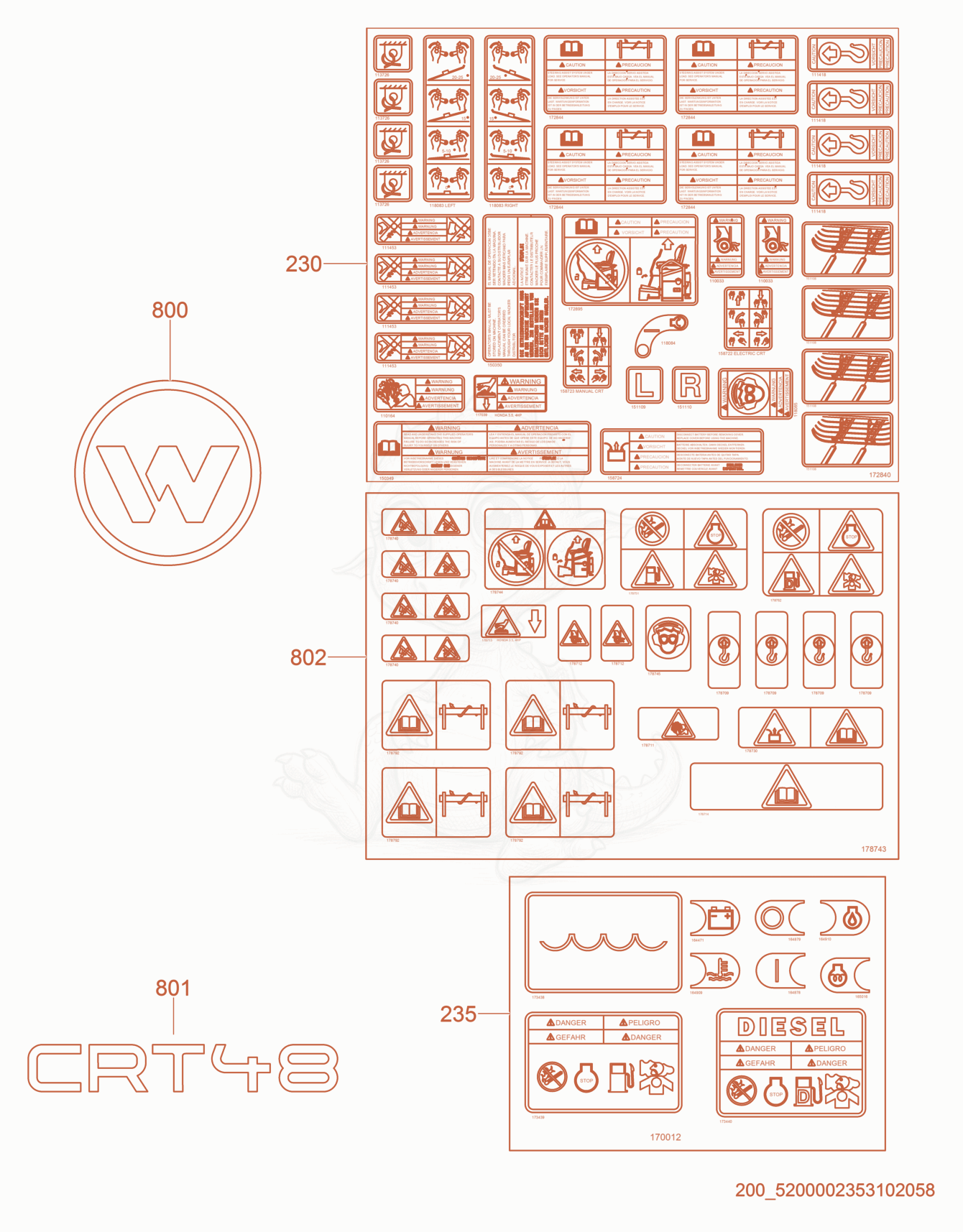 Exploded parts diagram of the Labels of a Wacker Neuson CRT48-33KDF, with numbered balloons