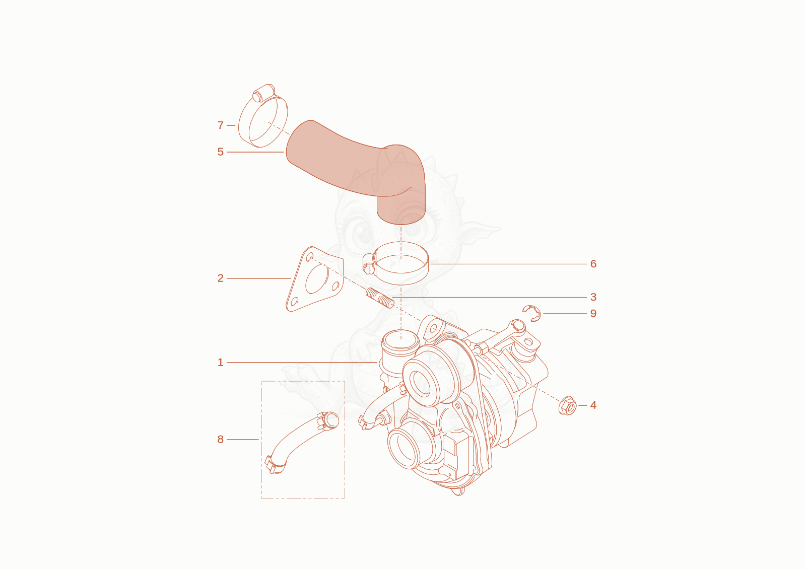 Exploded parts diagram of the turbocharger of a Wacker Neuson TH522STAGEV, with numbered balloons