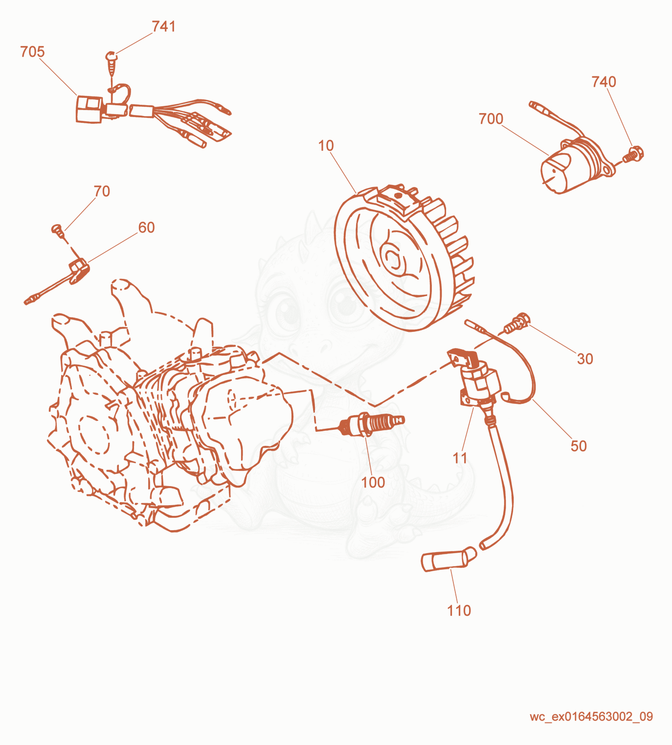 Despiece del Flywheel/Ignition Coil de una máquina Wacker Neuson GP2600, con globos numerados