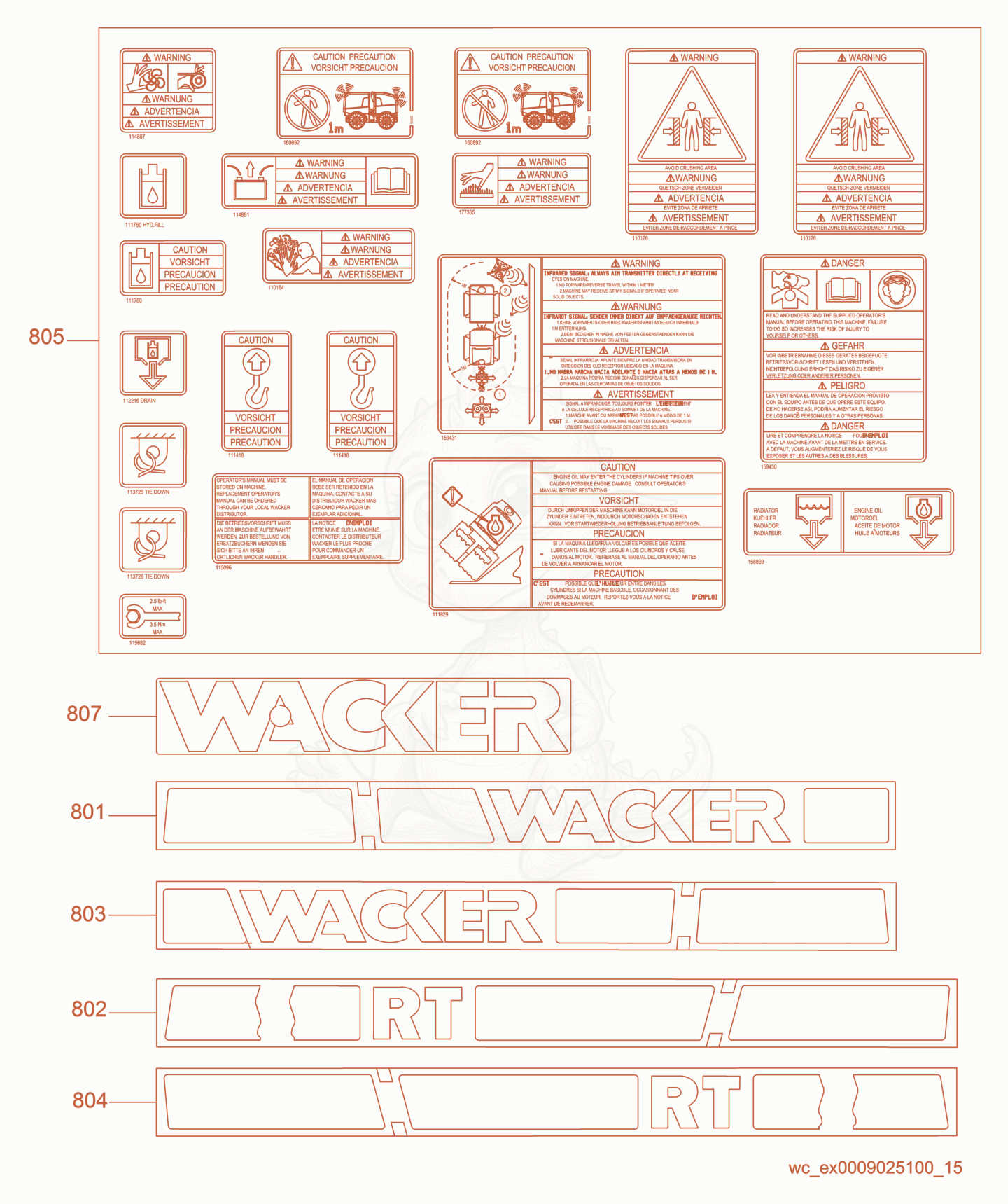Exploded parts diagram of the Labels of a Wacker Neuson RT56-SC, with numbered balloons