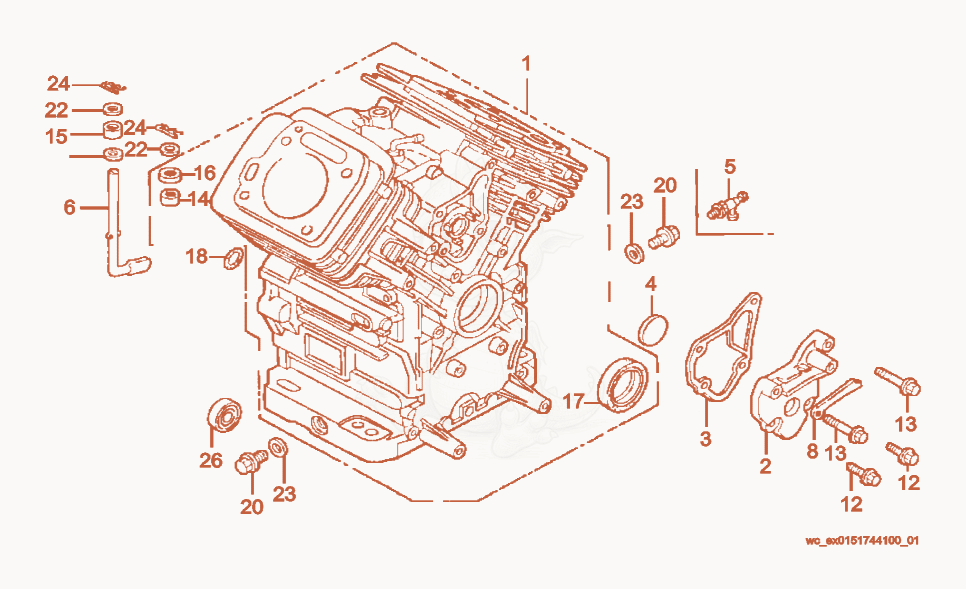 Exploded parts diagram of the Engine Block of a Wacker Neuson CRT36-24A-E, with numbered balloons