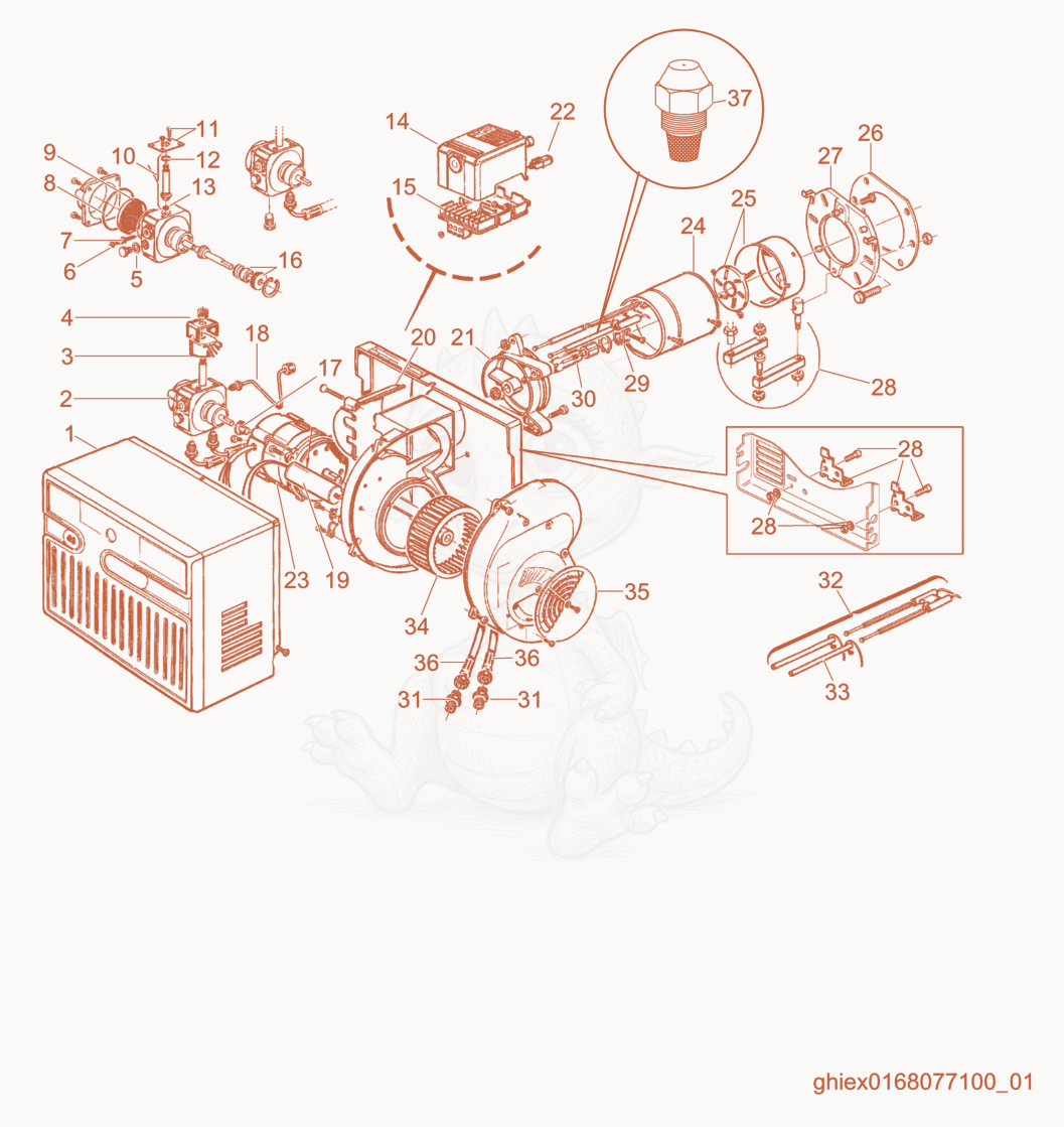Despiece del Burner cpl. de una máquina Wacker Neuson HSH650, con globos numerados