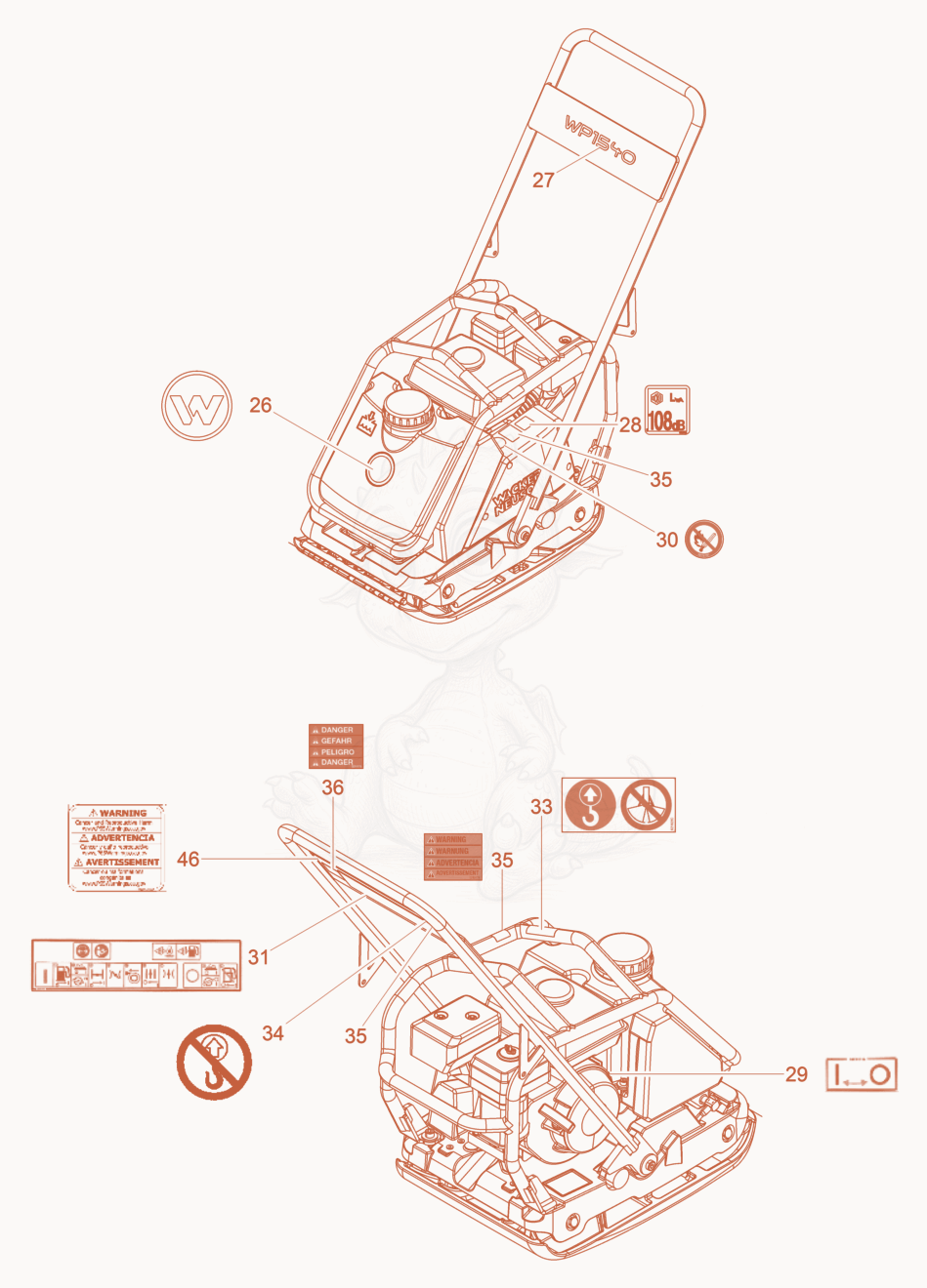 Exploded parts diagram of the Labels of a Wacker Neuson WP1540AWUS, with numbered balloons