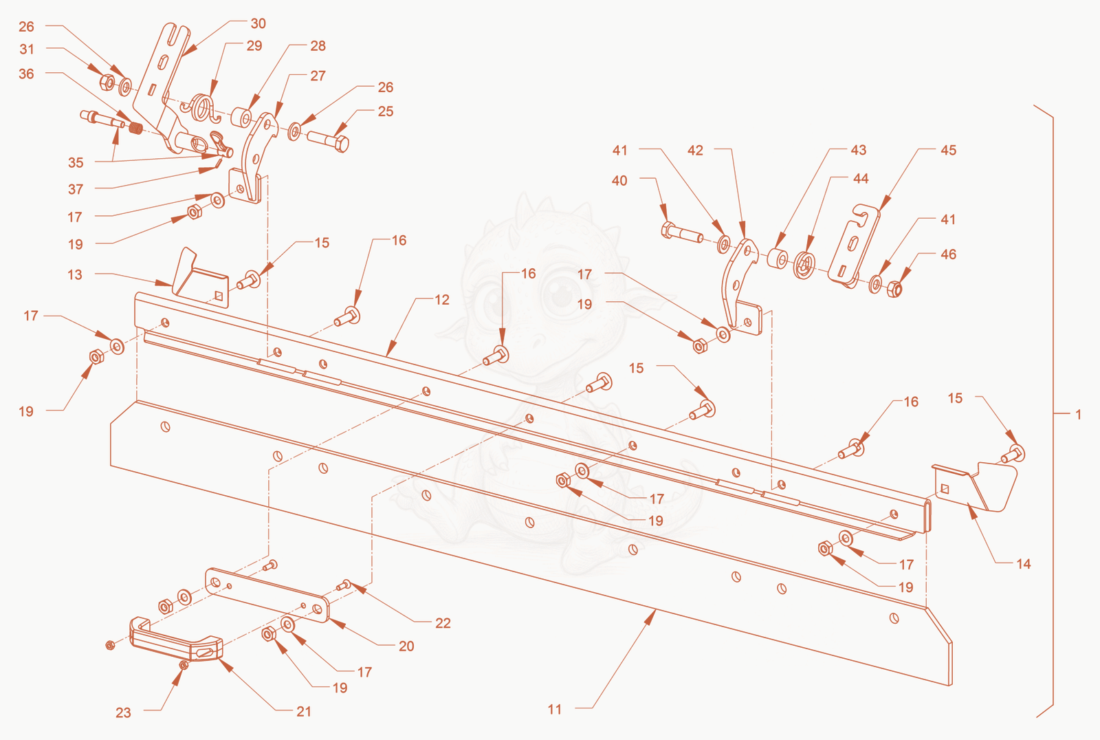 Exploded parts diagram of the scraper of a Wacker Neuson RD45-140C.3, with numbered balloons
