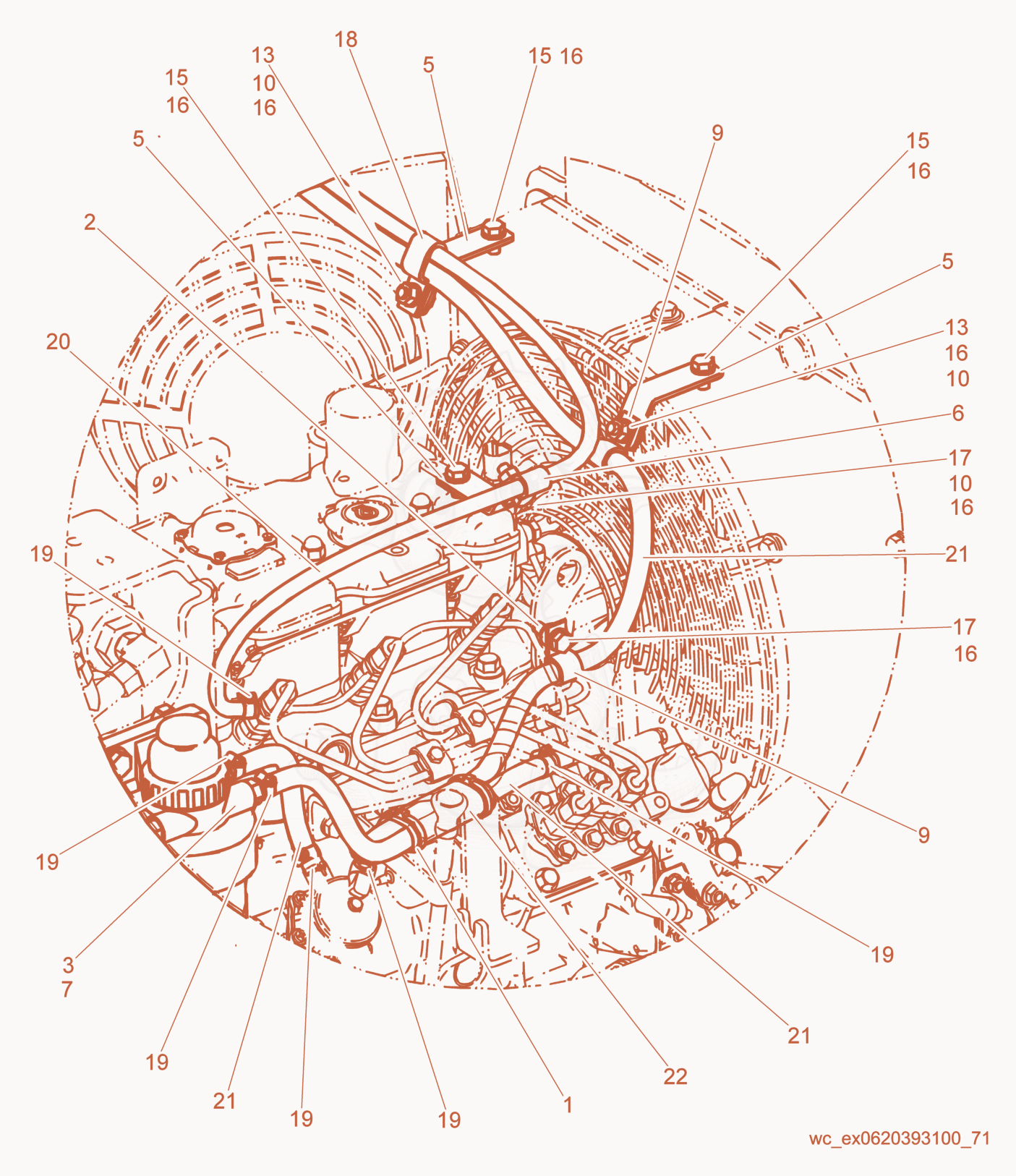 Exploded parts diagram of the Fuel Hose Routing of a Wacker Neuson RD27-120, with numbered balloons