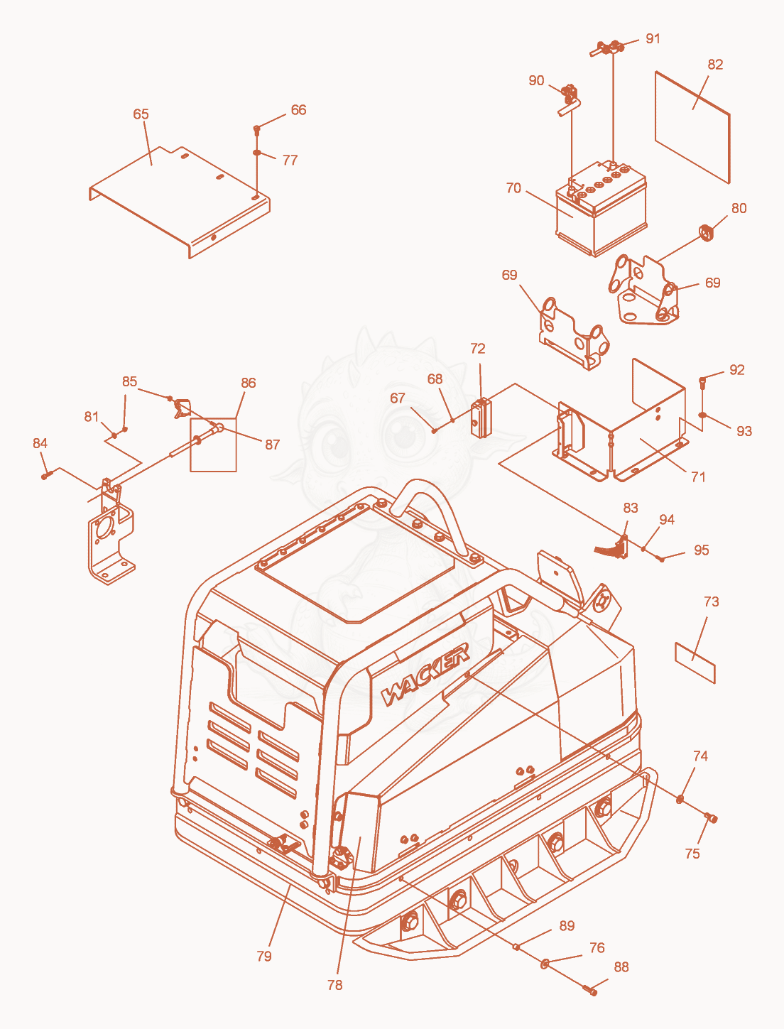 Exploded parts diagram of the Vibratory Plate cpl. of a Wacker Neuson DPU9070, with numbered balloons