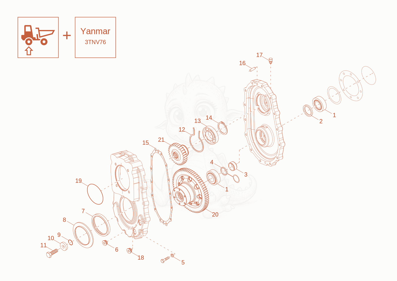 Exploded parts diagram of the distributor gear-box of a Wacker Neuson DW20-2, with numbered balloons