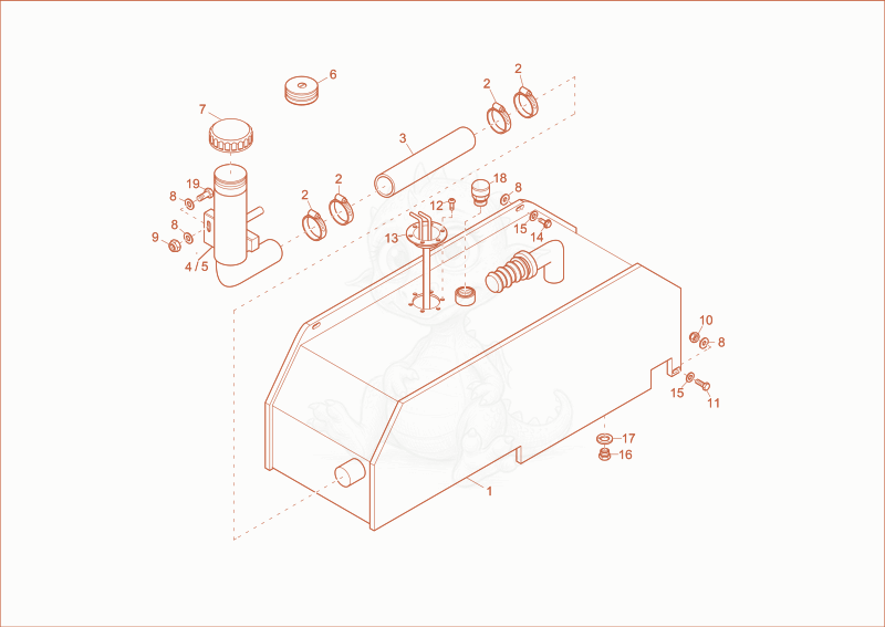 Exploded parts diagram of the fuel tank of a Wacker Neuson DT15, with numbered balloons