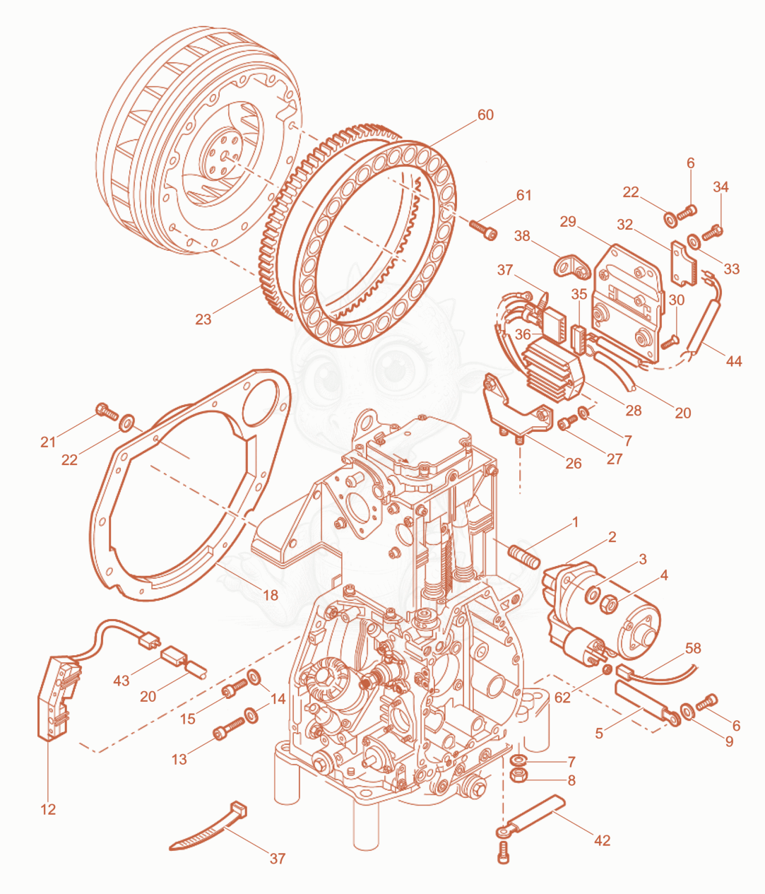 Exploded parts diagram of the Starter, Generator of a Wacker Neuson RD7HEHF, with numbered balloons