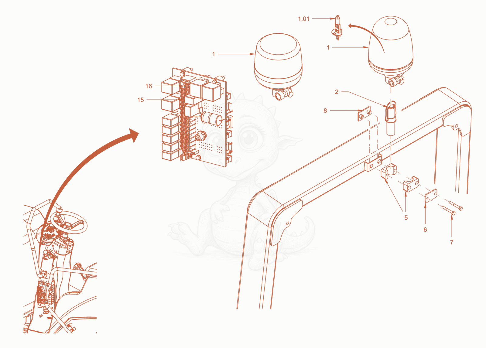 Exploded parts diagram of the rotary beacon of a Wacker Neuson RD40-130CDPF, with numbered balloons