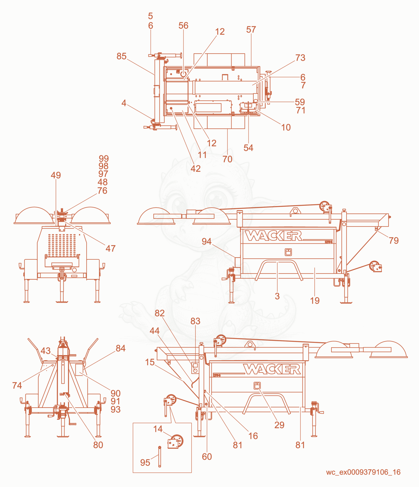 Exploded parts diagram of the Trailer cpl. of a Wacker Neuson LTC4L, with numbered balloons