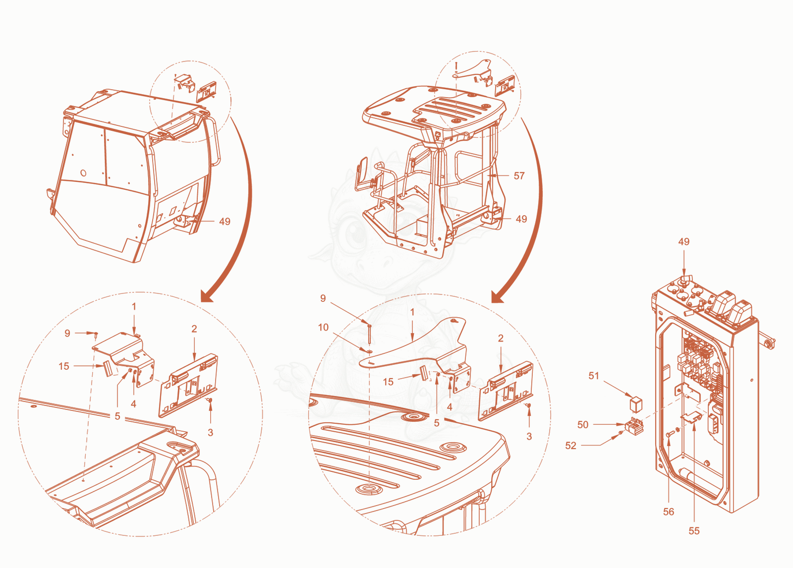 Exploded parts diagram of the homologation australia of a Wacker Neuson RC50DPFCAB, with numbered balloons