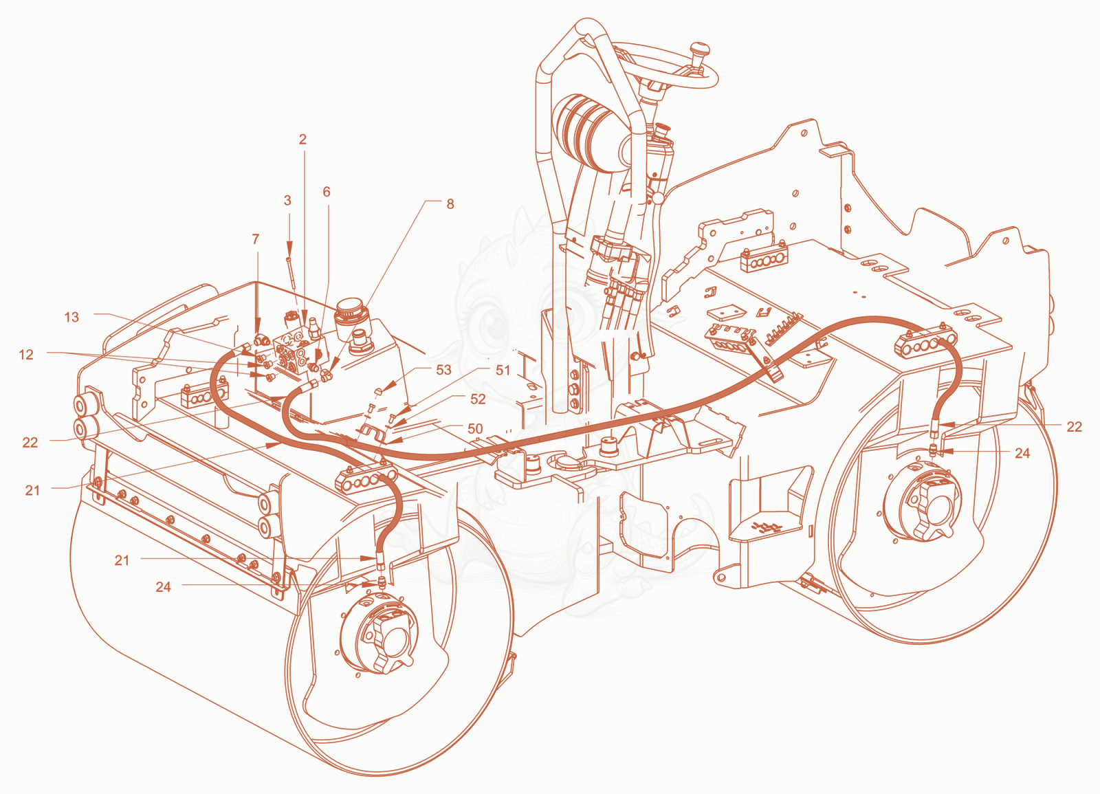 Exploded parts diagram of the brake hydraulics of a Wacker Neuson RD28-120DPF, with numbered balloons