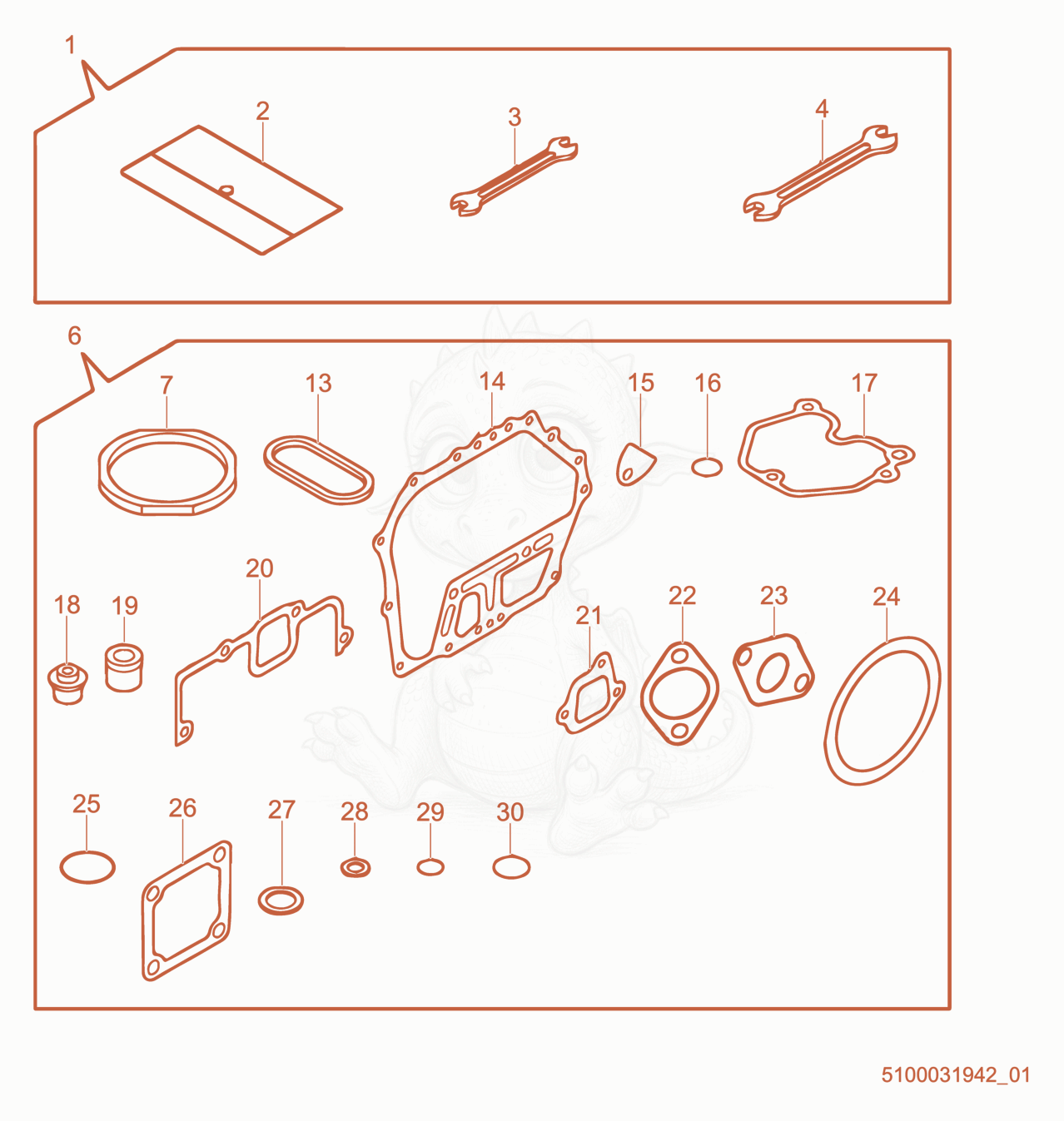 Exploded parts diagram of the Gaskets of a Wacker Neuson RD7YE, with numbered balloons