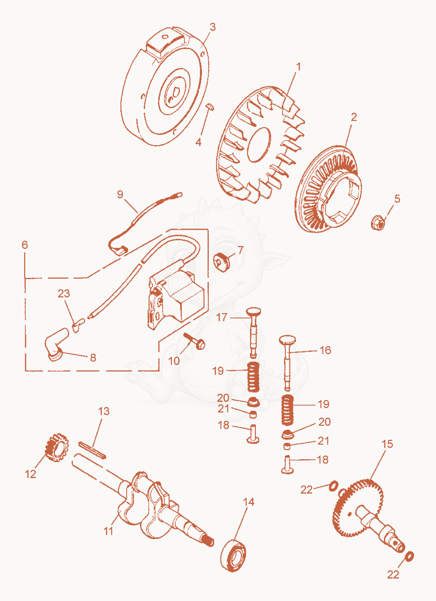 Despiece del Fan Wheel-Magneto Armature-Cam-Crankshaft de una máquina Wacker Neuson BPS1135A, con globos numerados