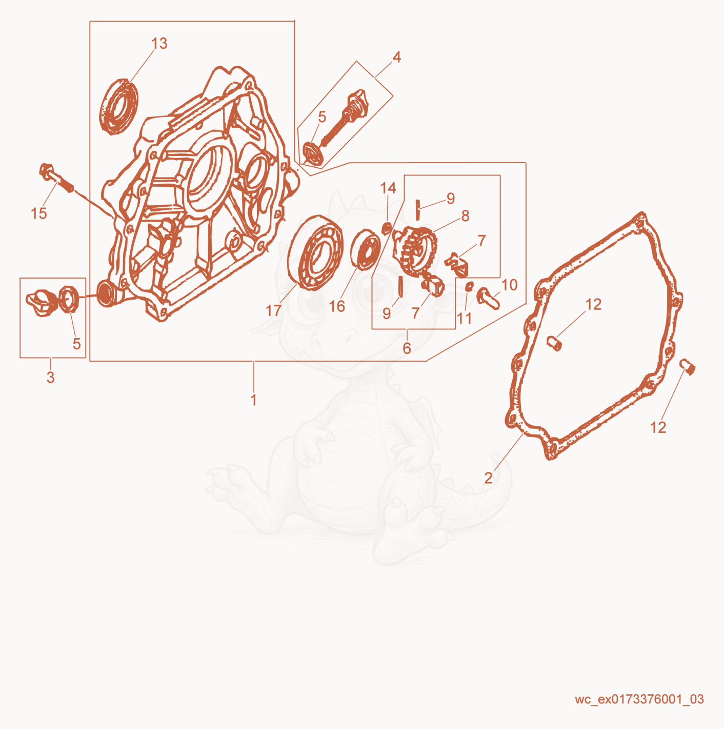 Exploded parts diagram of the Crankcase Cover of a Wacker Neuson GP3800A, with numbered balloons