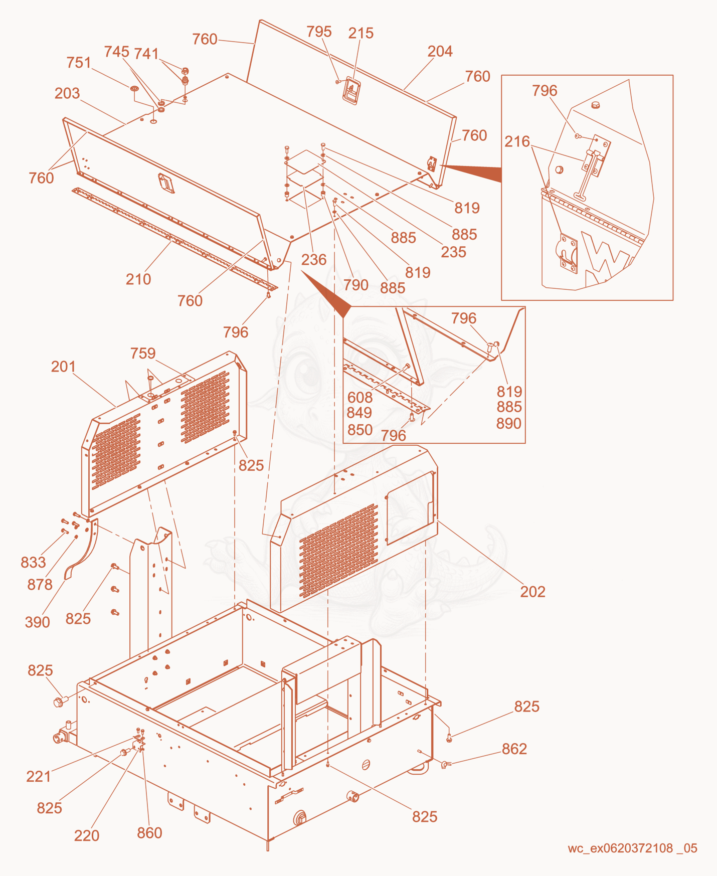 Exploded parts diagram of the Enclosure Panels of a Wacker Neuson LTW6K, with numbered balloons