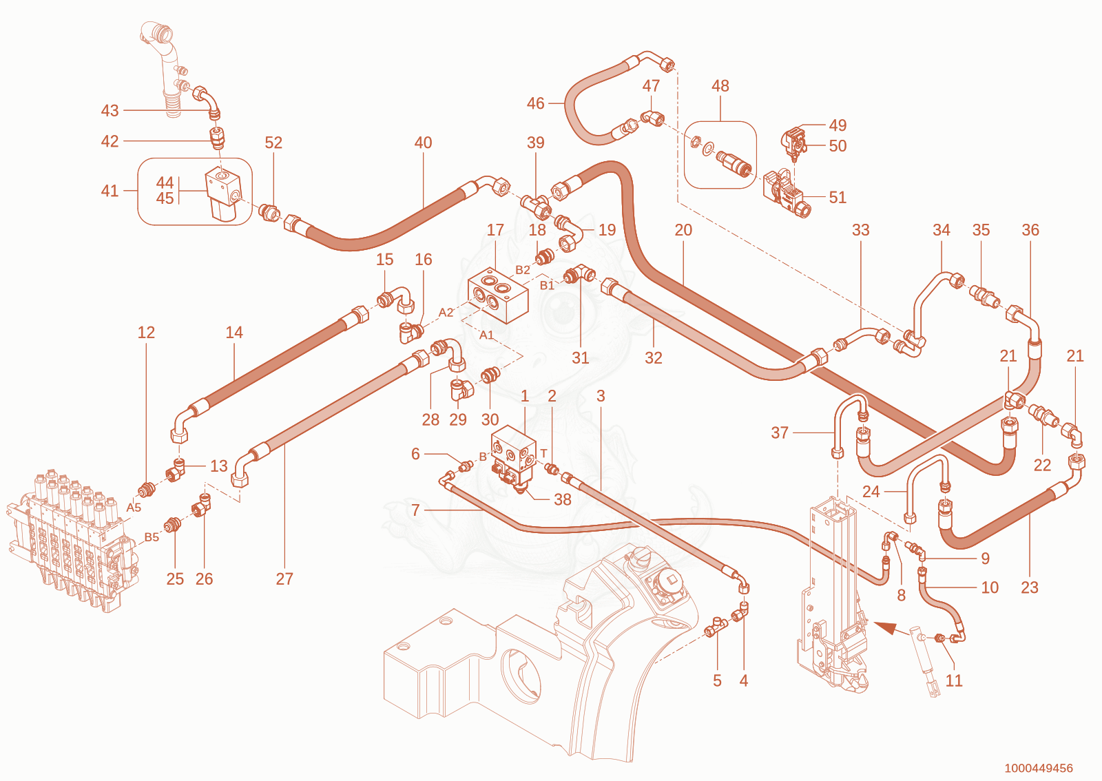 Exploded parts diagram of the Auto-hitch + tipper control circuit of a Wacker Neuson TH955(416-36), with numbered balloons
