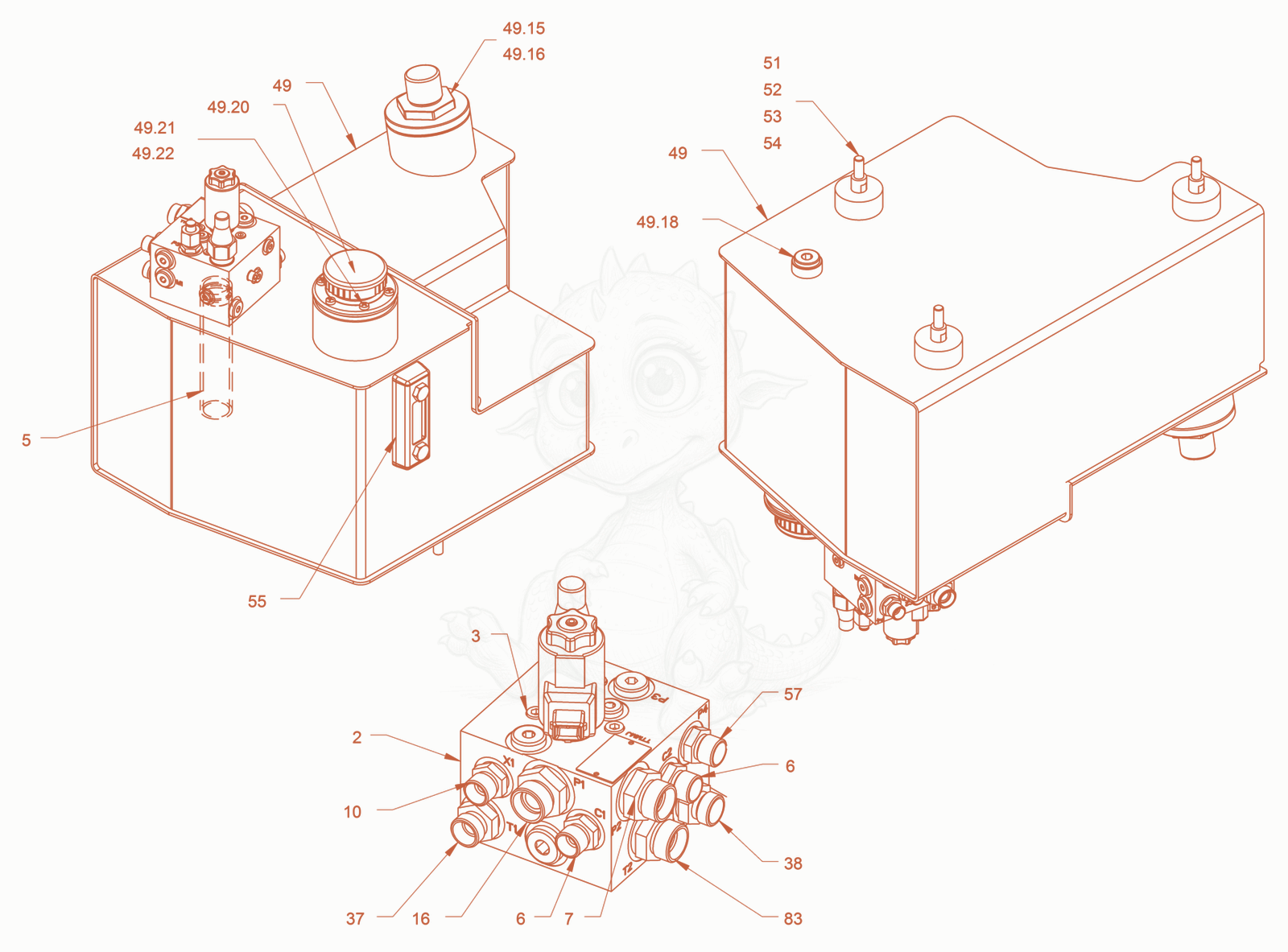 Exploded parts diagram of the oil tank of a Wacker Neuson RD18-100C, with numbered balloons