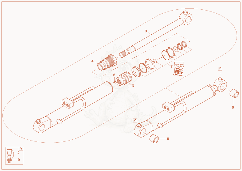 Exploded parts diagram of the bucket cylinder of a Wacker Neuson 2003, with numbered balloons
