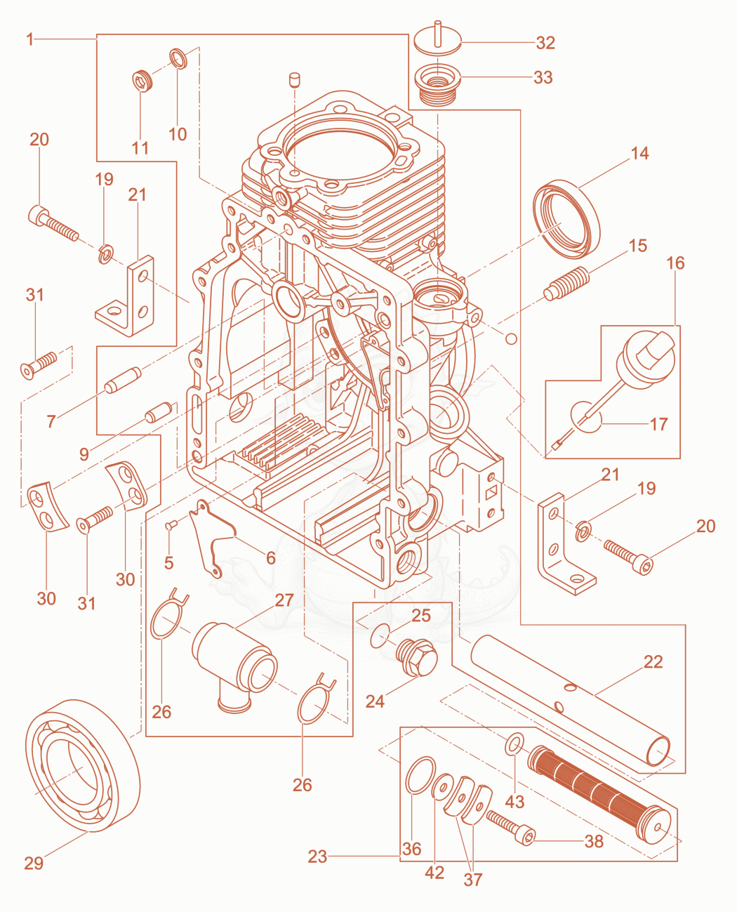 Exploded parts diagram of the crankcase of a Wacker Neuson XPSKMAT, with numbered balloons