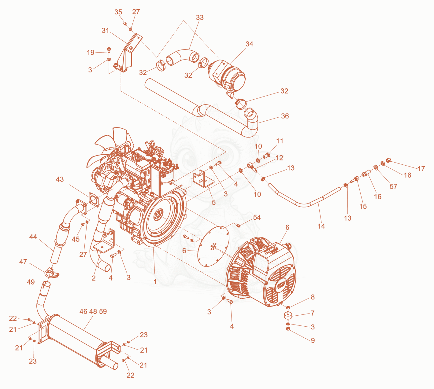 Exploded parts diagram of the engine cpl. of a Wacker Neuson LTN5YUK, with numbered balloons