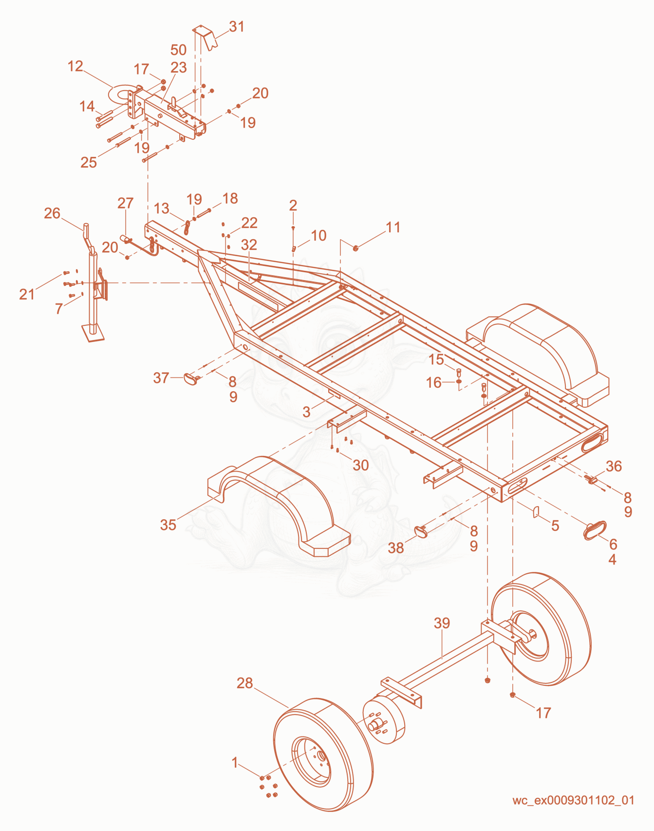 Exploded parts diagram of the Trailer Frame w/Surge Brake Single Axle of a Wacker Neuson G85, with numbered balloons