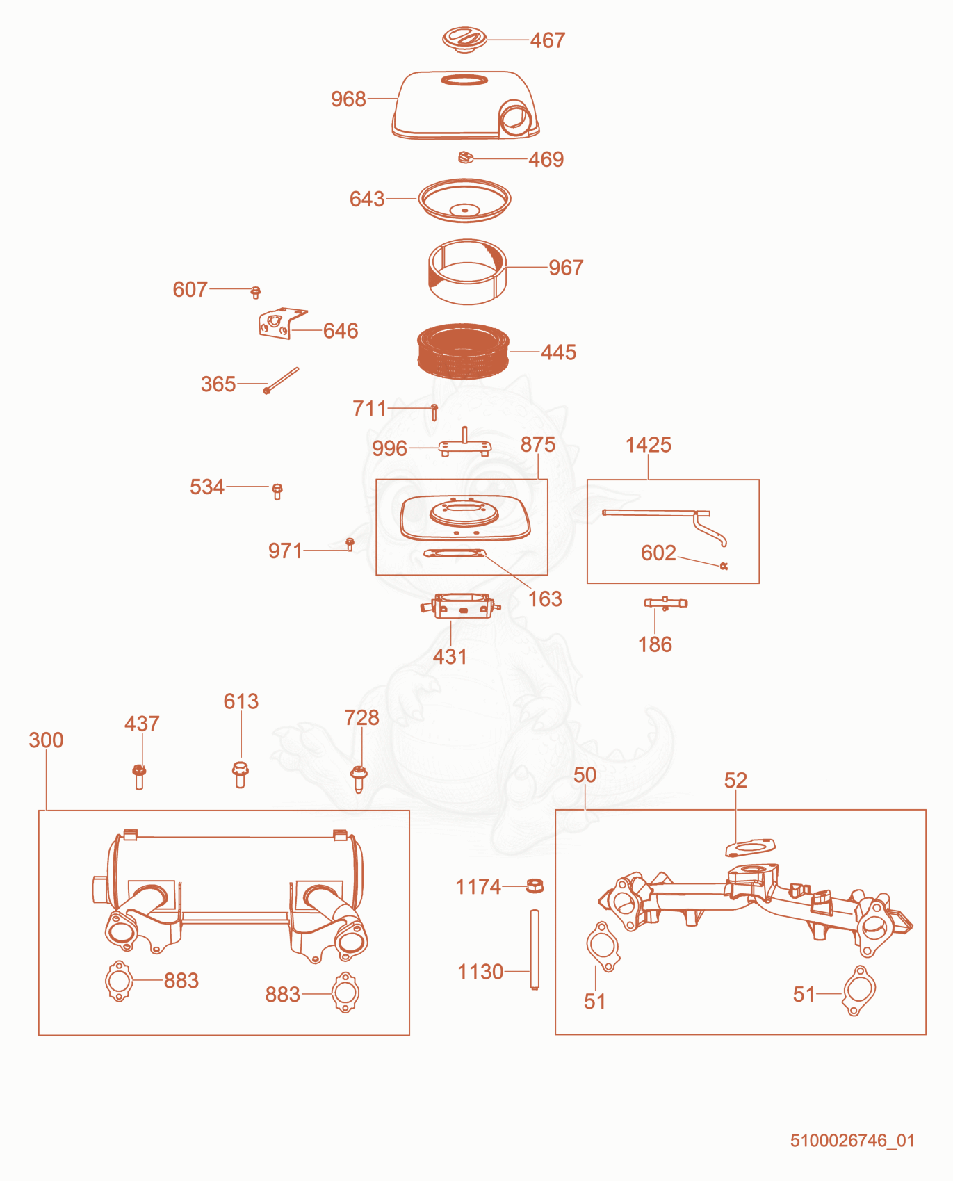 Exploded parts diagram of the Intake/Exhaust of a Wacker Neuson CRT48-37VEU, with numbered balloons