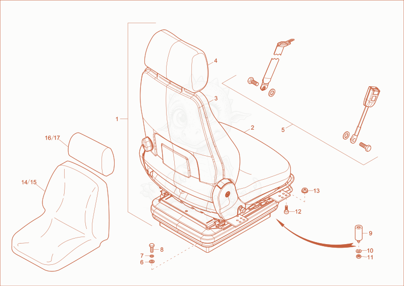 Exploded parts diagram of the drivers seat of a Wacker Neuson 14504, with numbered balloons