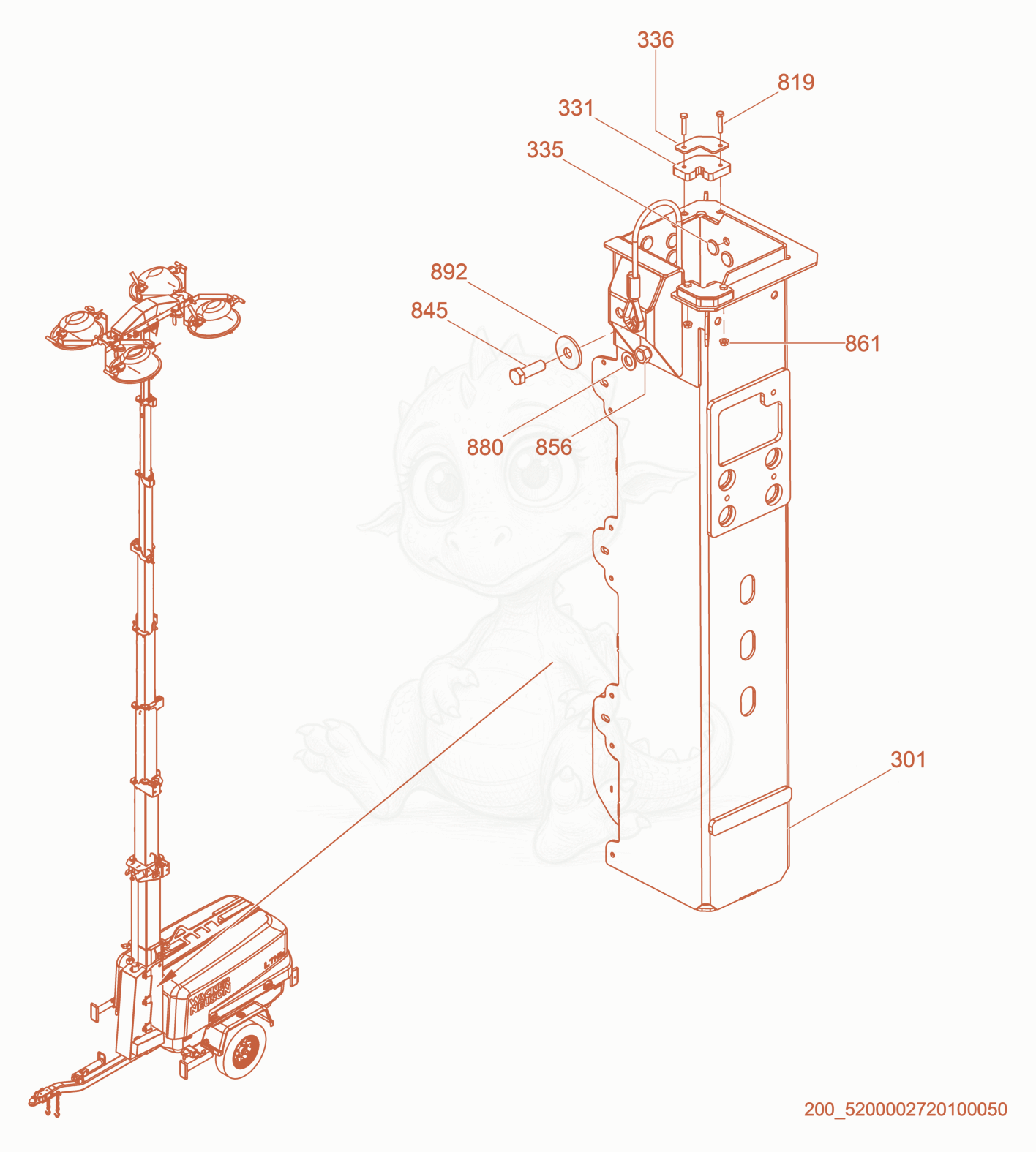 Exploded parts diagram of the Tower section 0 of a Wacker Neuson LTW20Z3-V, with numbered balloons