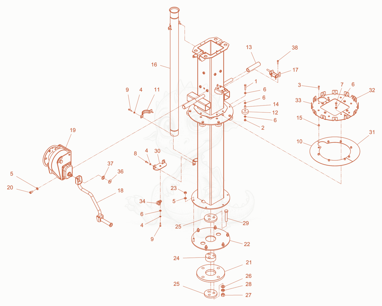 Exploded parts diagram of the light pole mounting of a Wacker Neuson LTN4YRH, with numbered balloons