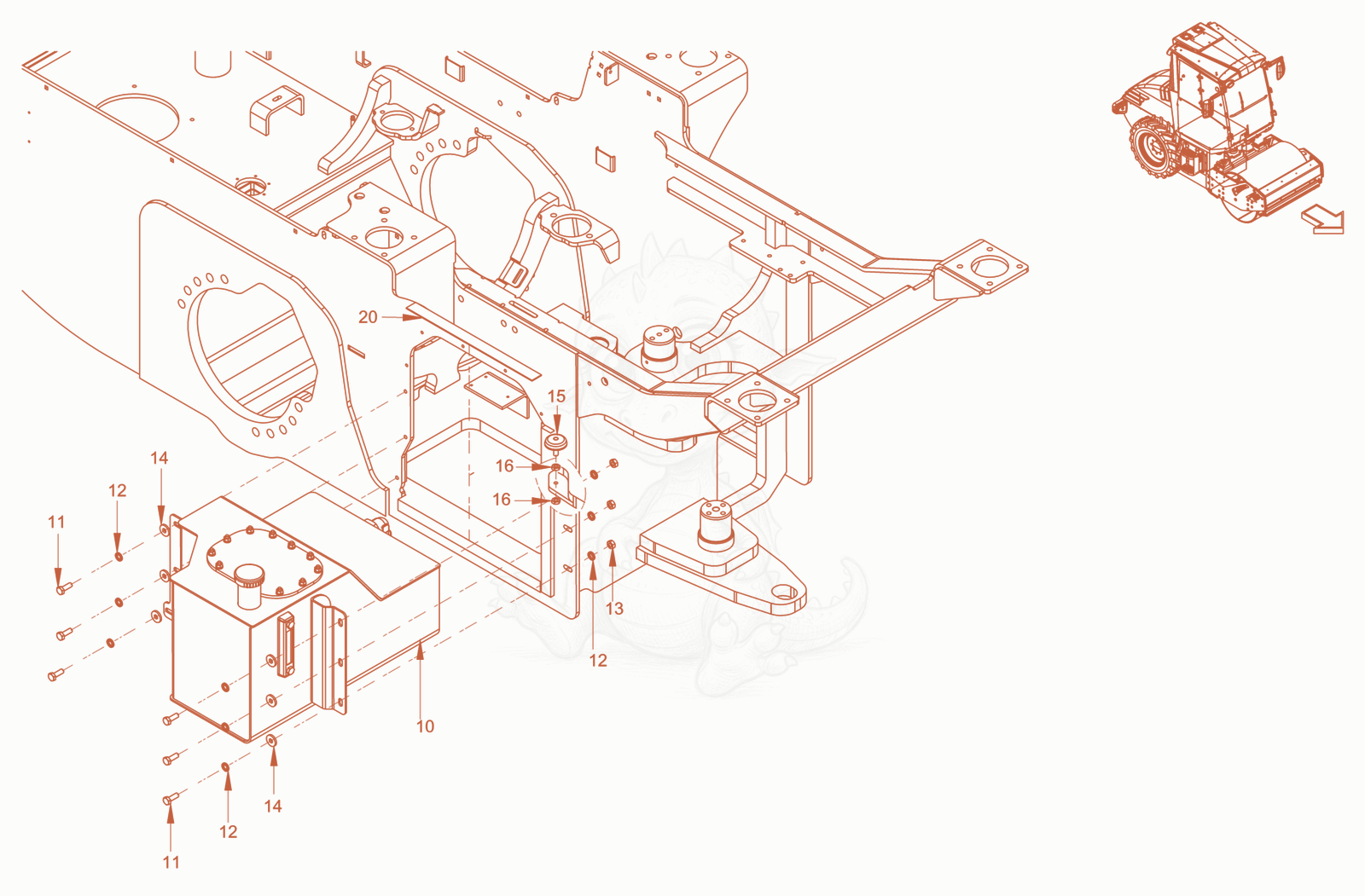 Exploded parts diagram of the hydraulic oil tank of a Wacker Neuson RC50DPFCAB, with numbered balloons