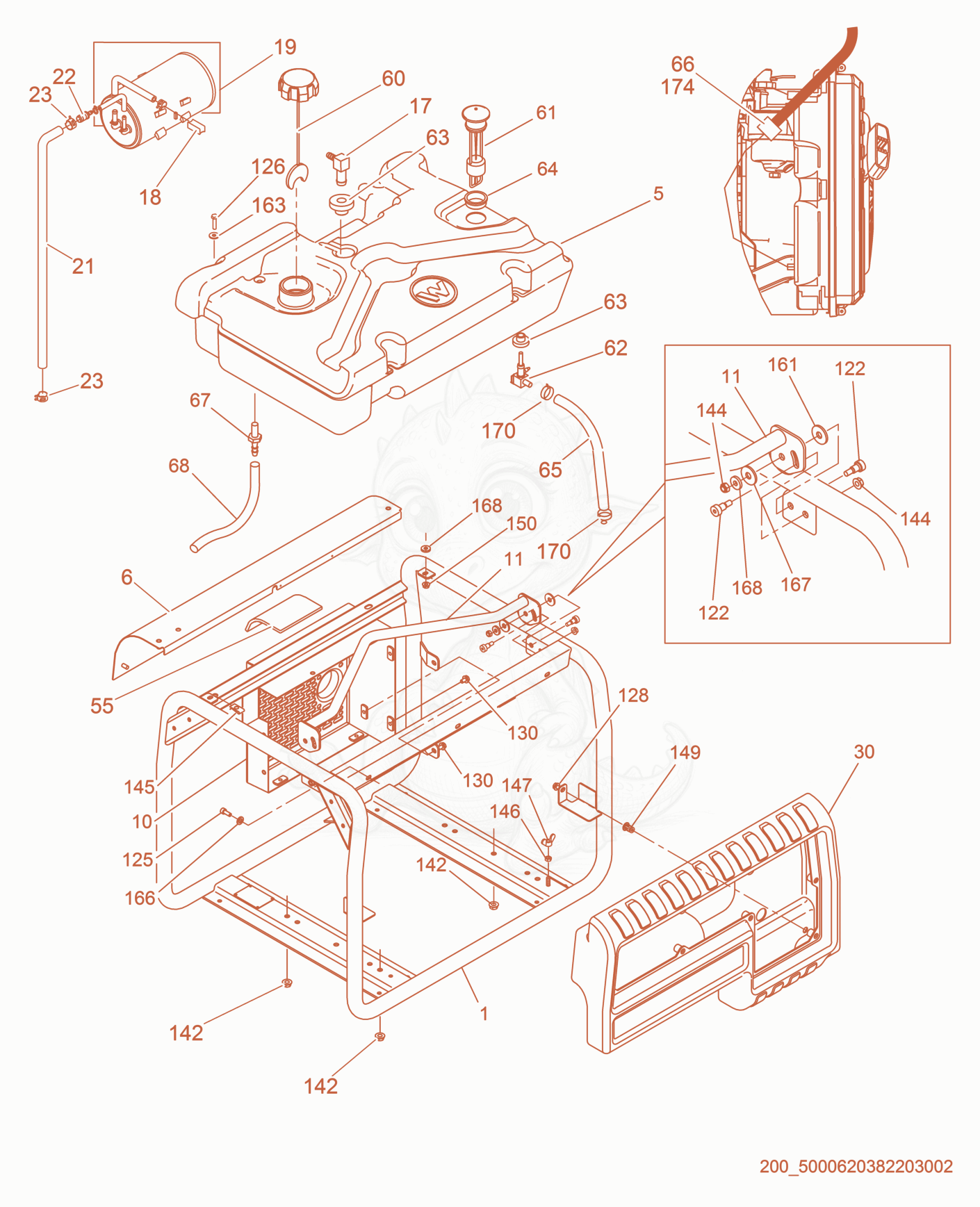 Exploded parts diagram of the Fuel Tank/Control Box/Frame of a Wacker Neuson GP5600A, with numbered balloons