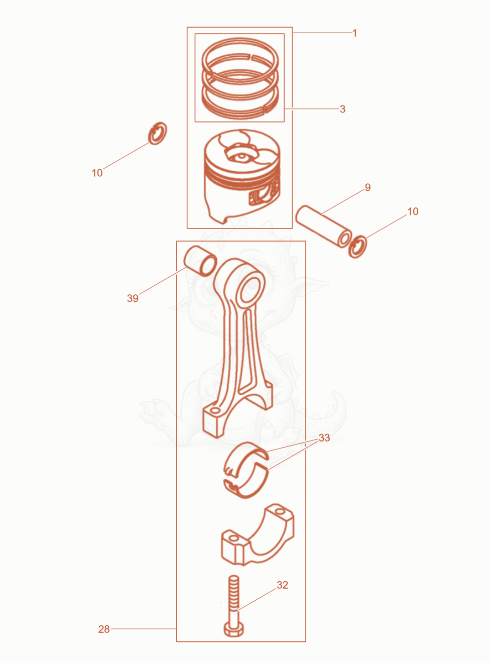Exploded parts diagram of the Piston, Connecting rod of a Wacker Neuson DPU4045YEHZFLRC, with numbered balloons