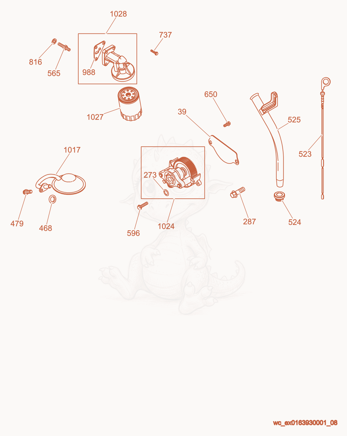 Exploded parts diagram of the Dipstick/Oil Pump of a Wacker Neuson GS8.5V, with numbered balloons